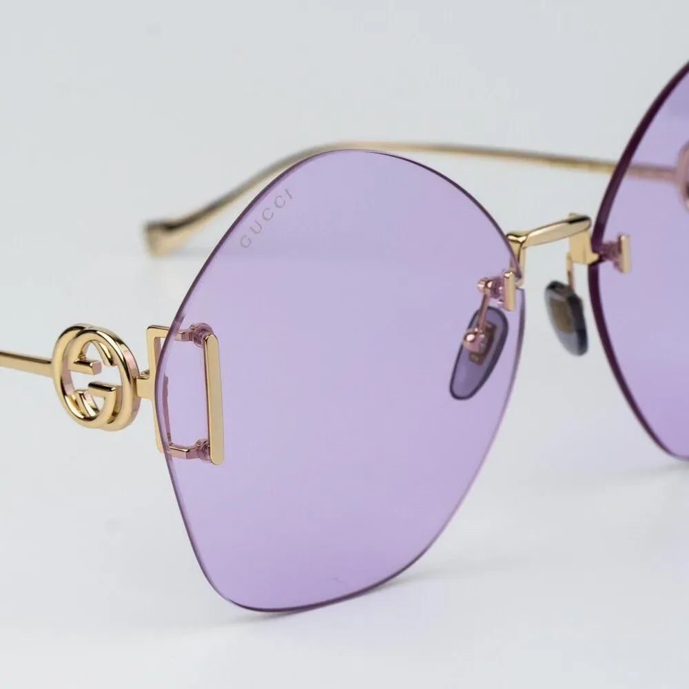 Gucci Women Sunglasses Gold Chain Violet Round GG1203S 001 NEW AUTHENTIC